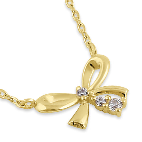 Solid 14K Yellow Gold Bow CZ Necklace