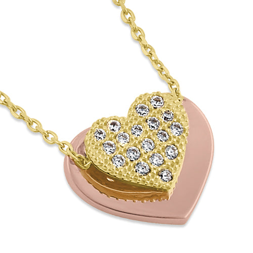 Solid 14K Gold Rose Gold Layered Heart with Clear CZ Necklace