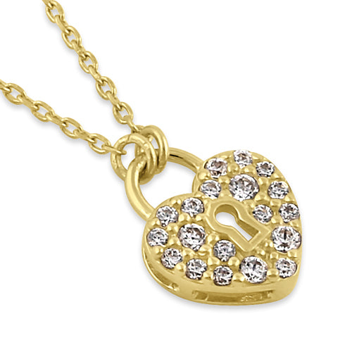 Solid 14K Gold Heart Lock with Clear CZ Necklace