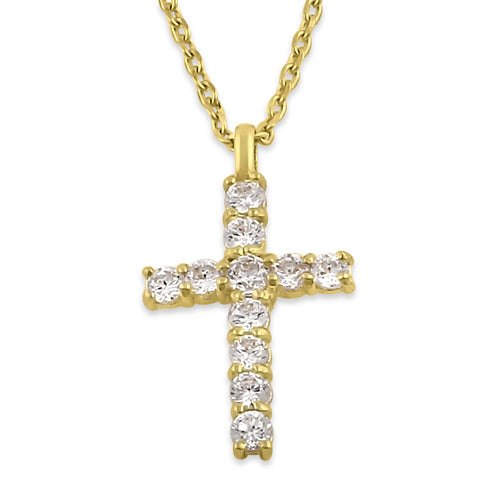 Solid 14K Gold Cross with Clear CZ Necklace