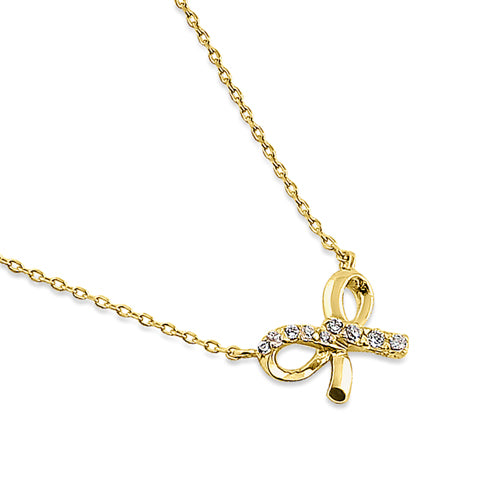 Solid 14K Yellow Gold Classic Bow CZ Necklace