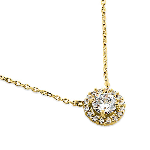 Solid 14K Yellow Gold Round Halo CZ Necklace