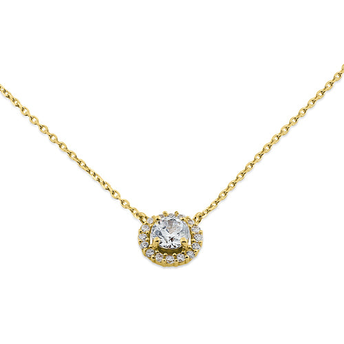 Solid 14K Yellow Gold Round Halo CZ Necklace