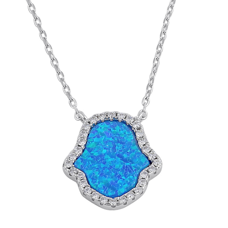 Sterling Silver Clear CZ and Blue Opal Hamsa Necklace