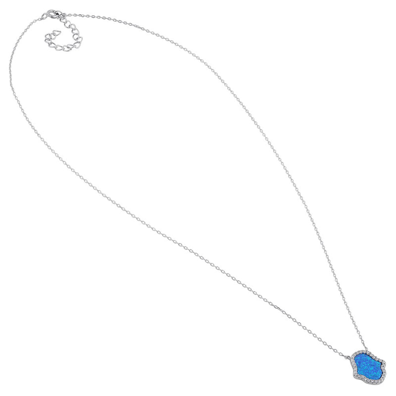 Sterling Silver Clear CZ and Blue Opal Hamsa Necklace