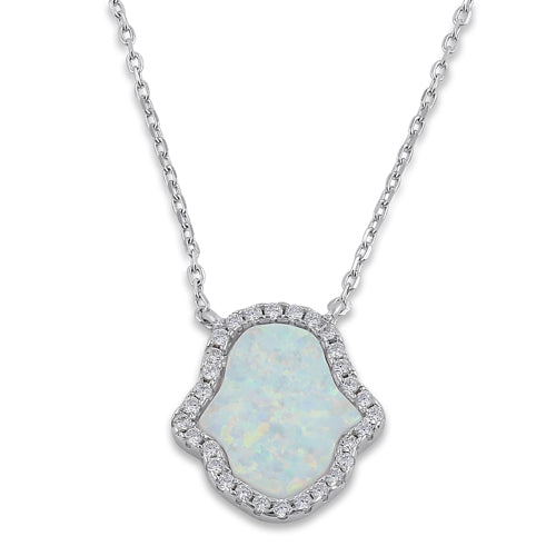 Sterling Silver Clear CZ and White Opal Hamsa Necklace