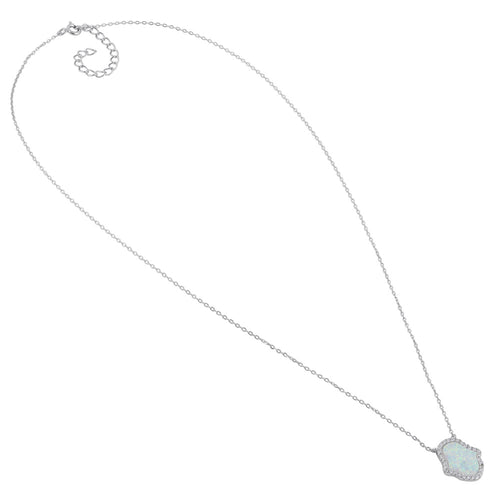 Sterling Silver Clear CZ and White Opal Hamsa Necklace