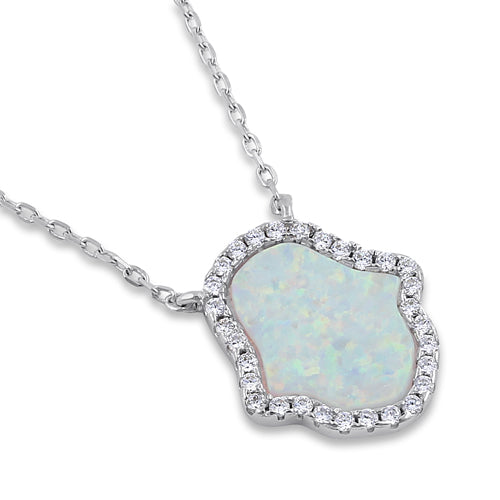 Sterling Silver Clear CZ and White Opal Hamsa Necklace