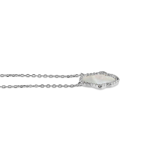 Sterling Silver Clear CZ and Mother of Pearl Hamsa Necklace