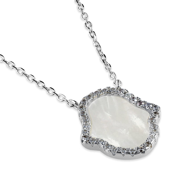 Sterling Silver Clear CZ and Mother of Pearl Hamsa Necklace