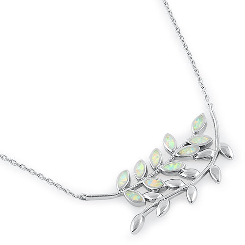 Serling Silver White Opal Trendy Leaf Necklace