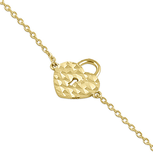 Solid 14K Yellow Gold Faceted Heart Lock Bracelet