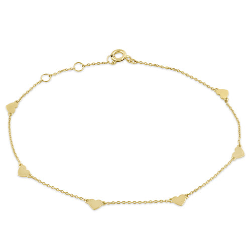 Solid 14K Yellow Gold Heart Charm Bracelet