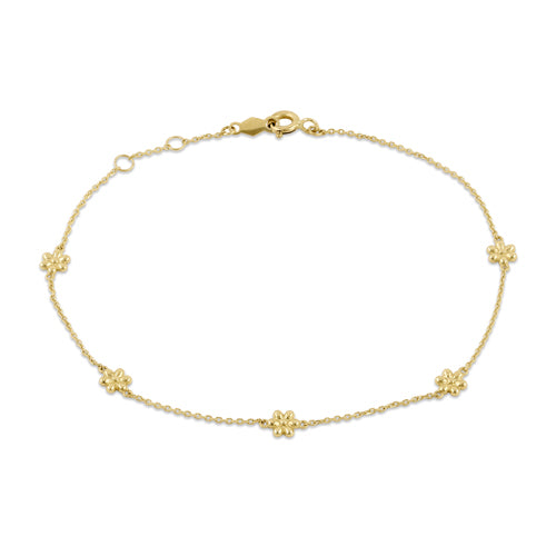 Solid 14K Yellow Gold Flower Charms Bracelet