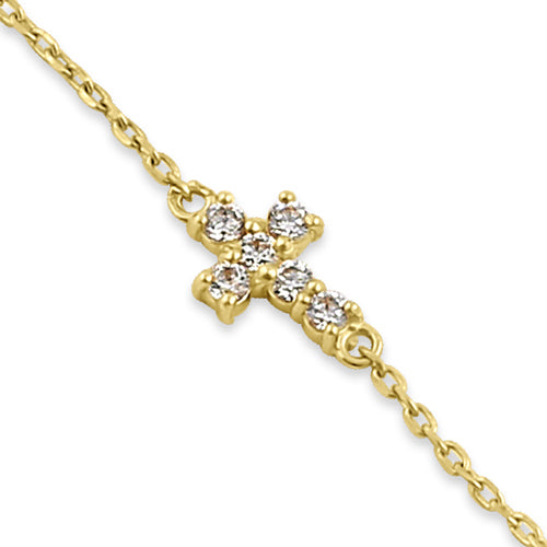 Solid 14K Yellow Gold CZ Cross Bracelet