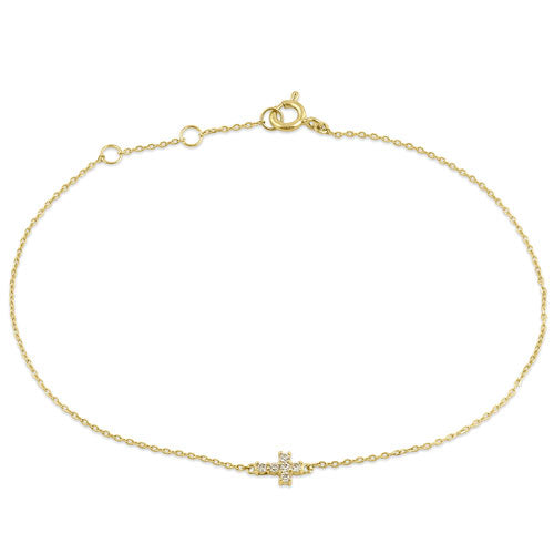 Solid 14K Yellow Gold CZ Cross Bracelet