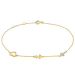 Solid 14K Yellow Gold CZ Heart, Anchor, and Cross Charm Bracelet