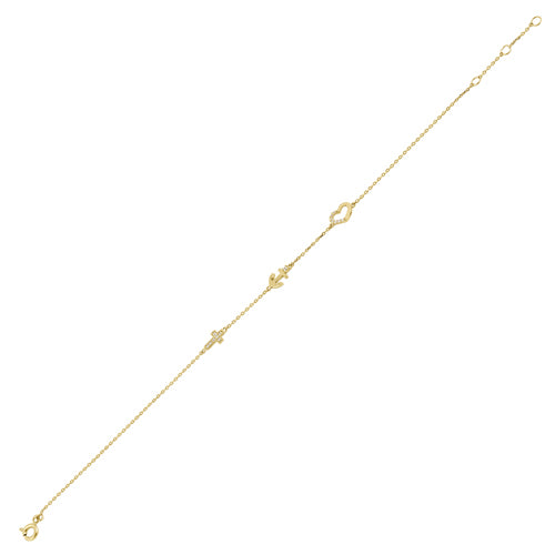 Solid 14K Yellow Gold CZ Heart, Anchor, and Cross Charm Bracelet