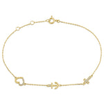 Solid 14K Yellow Gold CZ Heart, Anchor, and Cross Charm Bracelet