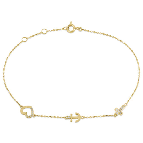 Solid 14K Yellow Gold CZ Heart, Anchor, and Cross Charm Bracelet