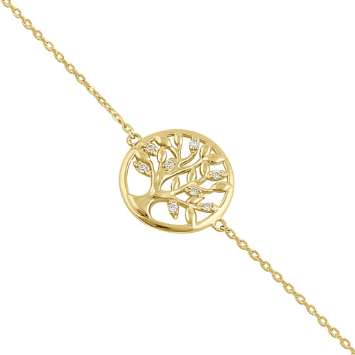 Solid 14K Yellow Gold CZ Tree of Life Bracelet