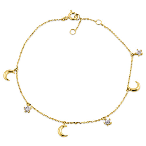 Solid 14K Yellow Gold Crescent Moons & Stars CZ Bracelet