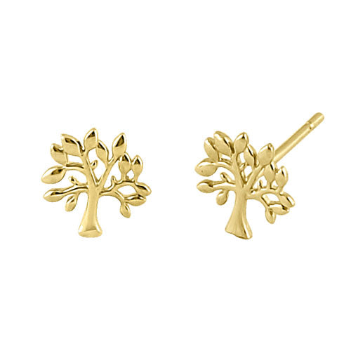 Solid 14K Yellow Gold Tree of Life Stud Earrings