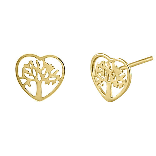 Solid 14K Yellow Gold Heart Tree of Life Stud Earrings