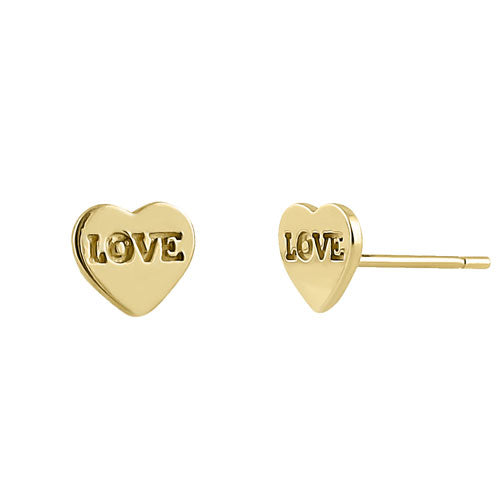 Solid 14K Yellow Gold Solid Heart with Love Inscription Earrings