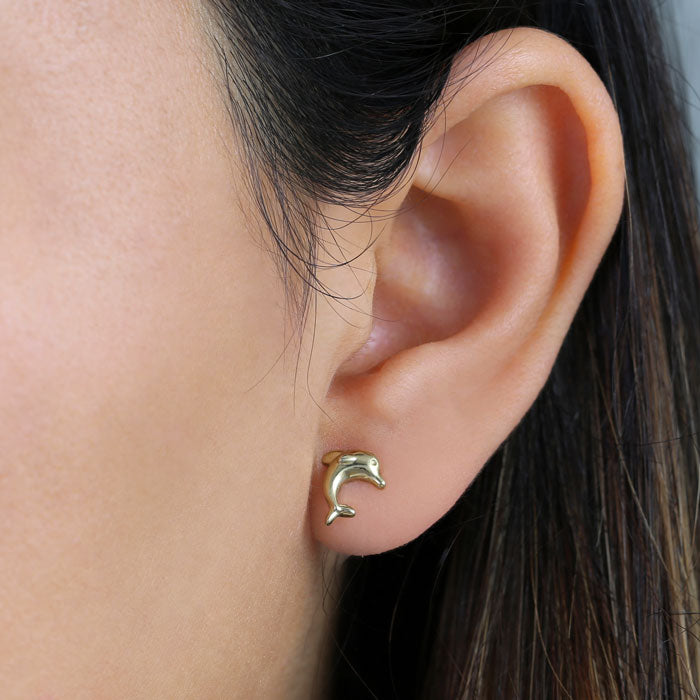 Solid 14K Yellow Gold Dolphin Earrings
