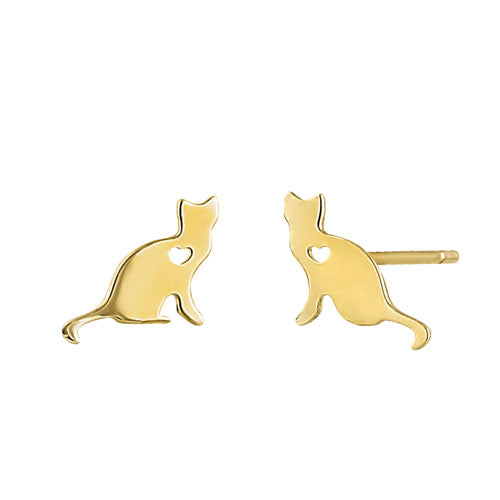 Solid 14K Yellow Gold Cat with Heart Earrings