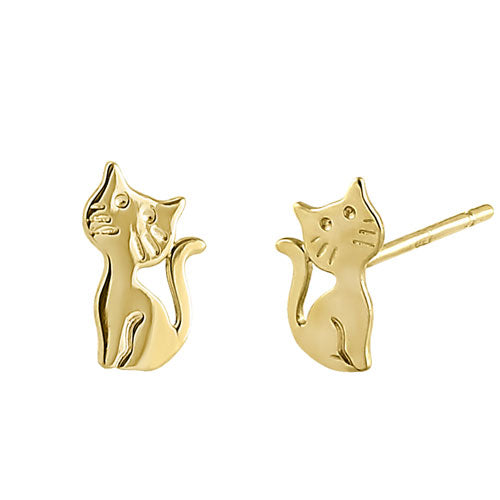 Solid 14K Yellow Gold Cat with Whiskers Earrings