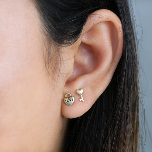 Solid 14K Yellow Gold Key To My Heart Earrings