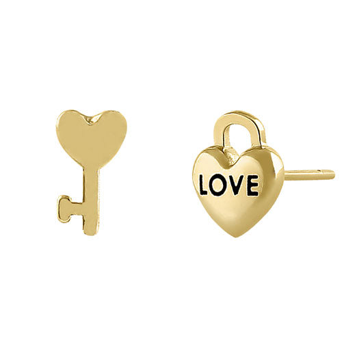 Solid 14K Yellow Gold Key To My Heart Earrings