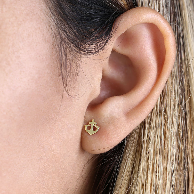 Solid 14K Yellow Gold Anchor Earrings