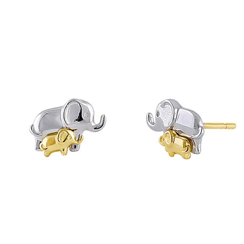 Solid 14K Yellow Gold & White Gold Mom & Baby Elephant Earrings