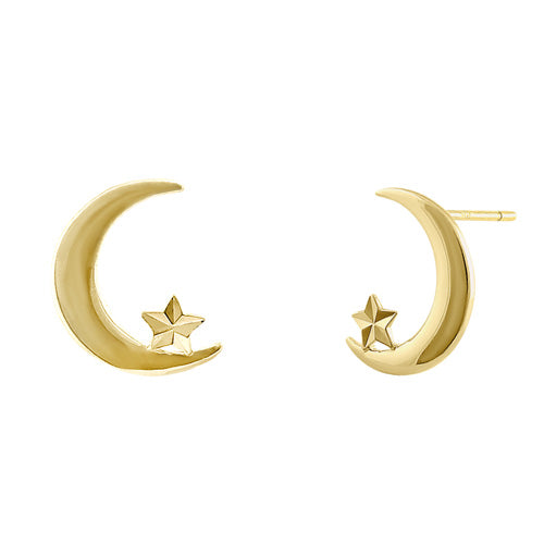 Solid 14K Yellow Gold Moon & Star Earrings