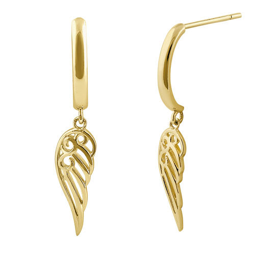Solid 14K Yellow Gold Dangle Angel Wings Earrings