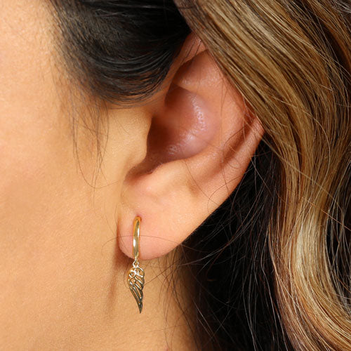 Solid 14K Yellow Gold Dangle Angel Wings Earrings