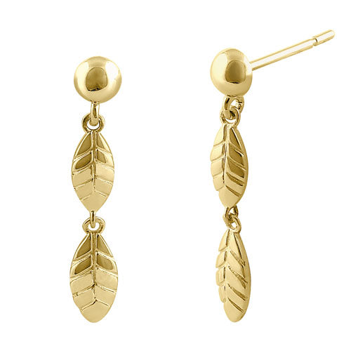 Solid 14K Yellow Gold Dangle Leaf Earrings