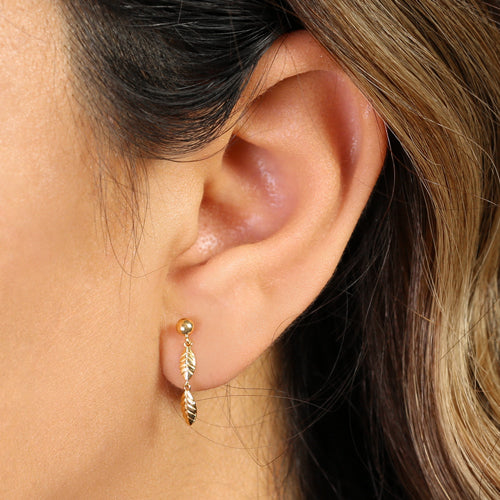 Solid 14K Yellow Gold Dangle Leaf Earrings