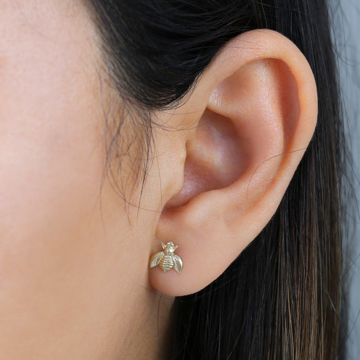 Solid 14K Yellow Gold Bee Earrings