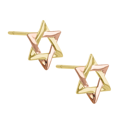 Solid 14k Yellow Gold Multi-Tone Star Of David Stud Earrings