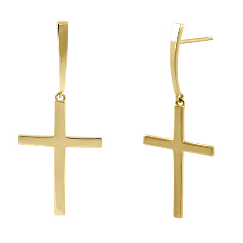 Solid 14k Yellow Gold Dangling Cross Earrings