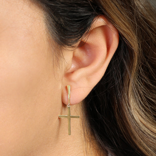 Solid 14k Yellow Gold Dangling Cross Earrings