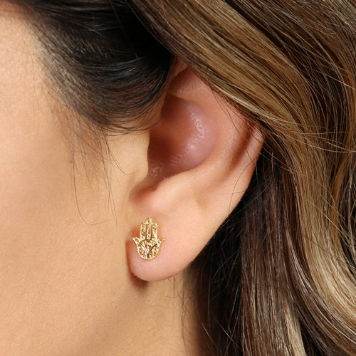 Solid 14k Yellow Gold Hamsa Stud Earrings