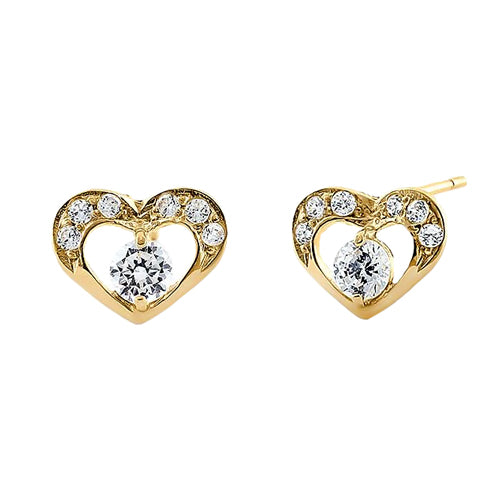 Solid 14K Yellow Gold Pristine Heart Round Clear CZ Earrings