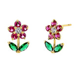 Solid 14K Yellow Gold Flower Ruby Emerald Clear CZ Earrings
