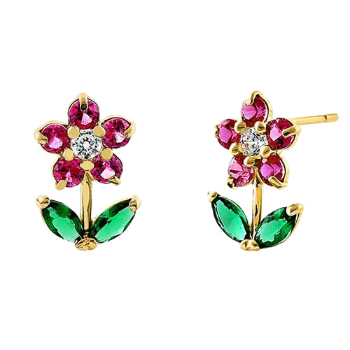 Solid 14K Yellow Gold Flower Ruby Emerald Clear CZ Earrings