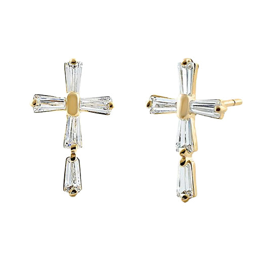 Solid 14K Yellow Gold Cross Clear CZ Earrings